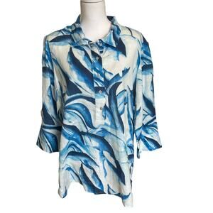 Chico's Top Blouse Shirt Size 3P XL Petite 16/18 Blue White Tropical 100% Linen
